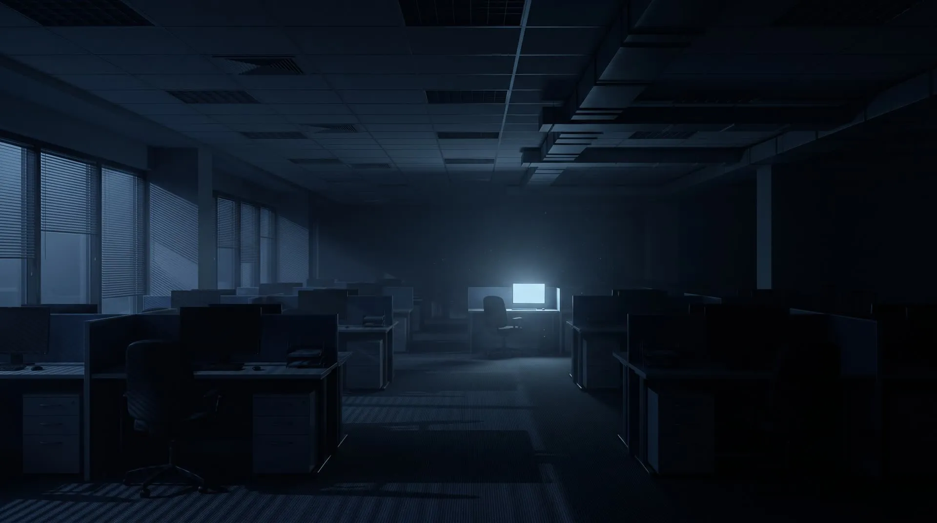 Escritório comercial vazio à noite, um único monitor aceso ao fundo